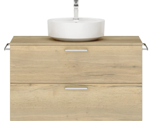 Badmöbel-Set NOBILIA Modern BxHxT 100 x 59,1 x 49 cm Frontfarbe eiche hell mit Aufsatz-Waschbecken Griff chrom matt 703 Waschtisch mit zwei Schubladen und Aufsatzwaschbecken