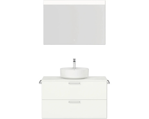 Badmöbel-Set NOBILIA Modern BxHxT 100 x 59,1 x 49 cm Frontfarbe weiß mit Aufsatz-Waschbecken, Spiegel mit LED-Beleuchtung Griff chrom matt 705 Badezimmer mit Waschbecken, Unterschrank und Spiegel