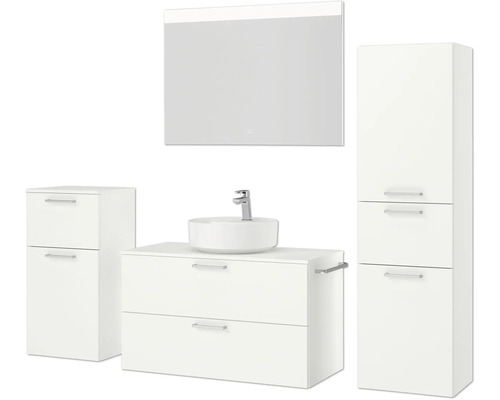 Badezimmers Set mit Waschbecken, Unterschrank, Spiegelschrank und Hochschrank