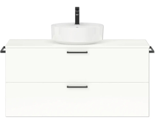 Badmöbel-Set NOBILIA Modern BxHxT 120 x 59,1 x 49 cm Frontfarbe weiß hochglanz mit Aufsatz-Waschbecken Griff schwarz 754