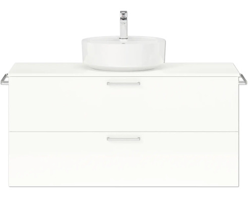Badmöbel-Set NOBILIA Modern BxHxT 120 x 59,1 x 49 cm Frontfarbe weiß hochglanz mit Aufsatz-Waschbecken Griff chrom matt 755 Waschtischunterschrank mit Aufsatzwaschbecken und zwei Schubladen