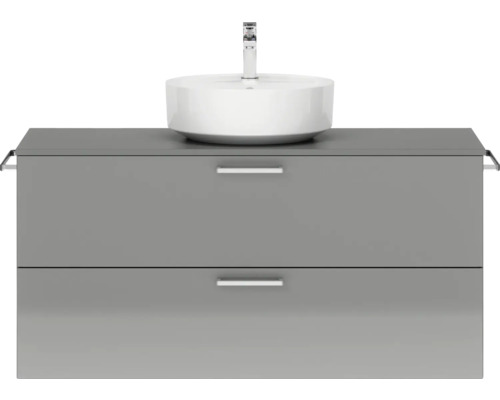 Badmöbel-Set NOBILIA Modern BxHxT 120 x 59,1 x 49 cm Frontfarbe grau hochglanz mit Aufsatz-Waschbecken Griff chrom matt Waschtisch mit Aufsatzwaschbecken und zwei Schubladen