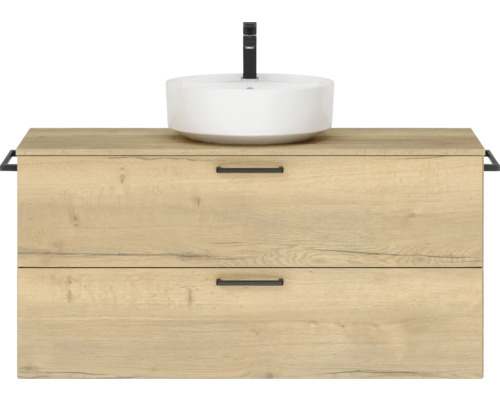 Badmöbel-Set NOBILIA Modern BxHxT 120 x 59,1 x 49 cm Frontfarbe eiche hell mit Aufsatz-Waschbecken Griff schwarz 758 Badmöbel-Set NOBILIA Modern BxHxT 120 x 59,1 x 49 cm Frontfarbe eiche hell mit Aufsatz-Waschbecken Griff schwarz 758