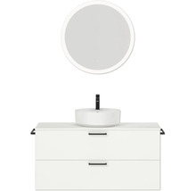 Badmöbel-Set NOBILIA Modern BxHxT 120 x 169,1 x 49 cm Frontfarbe weiß mit Aufsatz-Waschbecken, Spiegel rund mit LED-Beleuchtung Griff schwarz 776
