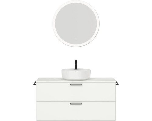 Badmöbel-Set NOBILIA Modern BxHxT 120 x 169,1 x 49 cm Frontfarbe weiß mit Aufsatz-Waschbecken, Spiegel rund mit LED-Beleuchtung Griff schwarz 776 Waschtisch mit Waschbecken, Armatur und rundem Spiegel für das Badezimmer