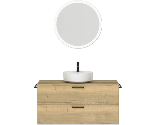 Badmöbel-Set NOBILIA Modern BxHxT 120 x 169,1 x 49 cm Frontfarbe eiche hell mit Aufsatz-Waschbecken, Spiegel rund mit LED-Beleuchtung Griff schwarz 782 Modernes Badezimmer-Set mit Waschtischunterschrank, Aufsatzwaschbecken und Spiegel