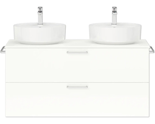 Doppel-Badmöbel-Set NOBILIA Modern BxHxT 120 x 59,1 x 49 cm Frontfarbe weiß hochglanz mit Aufsatz-Waschbecken Griff chrom matt 811 Waschtisch mit zwei Aufsatzwaschbecken und zwei Schubladen