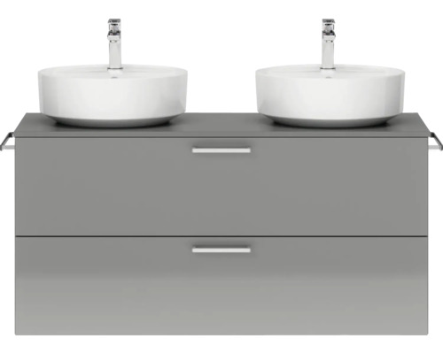 Doppel-Badmöbel-Set NOBILIA Modern BxHxT 120 x 59,1 x 49 cm Frontfarbe grau hochglanz mit Aufsatz-Waschbecken Griff chrom matt 813 Doppelwaschtisch mit Unterschrank und zwei Aufsatzwaschbecken