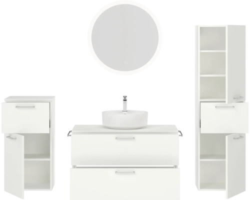 Badezimmerensemble mit Waschbecken, Waschtischunterschrank, Seitenschrank und rundem Spiegel