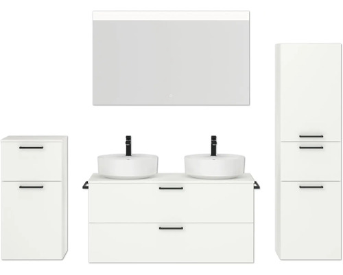 Ensemble de meubles de salle de bains double NOBILIA Modern lxhxp 200 x 169,1 x 49 cm couleur de façade blanc avec miroir à éclairage LED meuble bas armoire midi poignée noir 832
