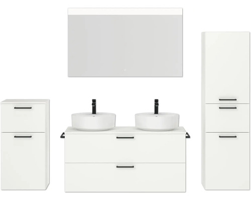 Doppel-Badmöbel-Set NOBILIA Modern BxHxT 200 x 169,1 x 49 cm Frontfarbe weiß mit Spiegel mit LED-Beleuchtung Unterschrank Midischrank Griff schwarz 832 Weißes Badezimmer-Set mit Doppelwaschbecken, Spiegel und Schränken