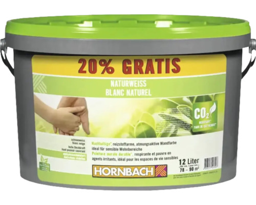HORNBACH Naturweiss konservierungsmittelfrei weiß 12 L +20% Eimer Naturweiss Wandfarbe mit 20 Prozent gratis Inhalt