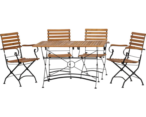 Ensemble table de jardin avec quatre fauteuils en bois et métal