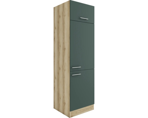 Optifit Armoire réfrigérée pour réfrigérateur encastrable 88 Savona405 LxPxH 60 x 57,1 x 206,8 cm Couleur de la façade vert mat Couleur du corps chêne sauvage Butée réversible (montage à gauche ou à droite)