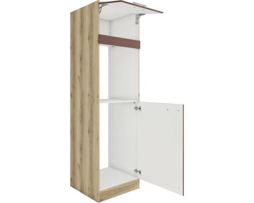 Meuble de cuisine avec décor bois et intérieur blanc, partiellement ouvert.