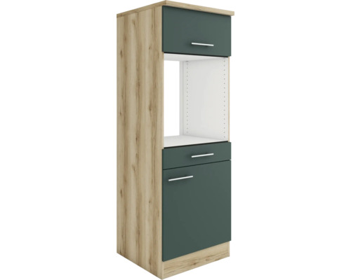 Armoire haute pour four avec porte Optifit Savona405 lxpxh 60 x 60 x 174,4 cm couleur de façade vert mat couleur du corps chêne sauvage tirant réversible (peut être monté à gauche ou à droite)