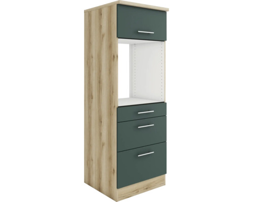 Armoire haute pour four avec coulisses Optifit Savona405 lxpxh 60 x 60 x 174,4 cm couleur de façade vert mat couleur du corps chêne sauvage tirant réversible (peut être monté à gauche ou à droite)