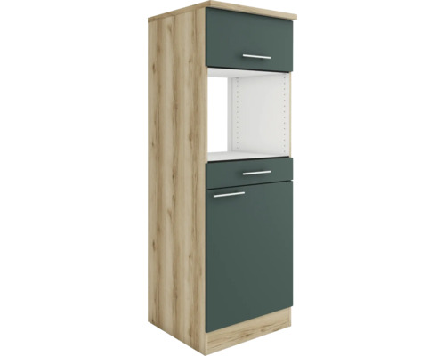 Meuble pour micro-ondes encastrable Optifit Savona405 lxpxh 60 x 60 x 174,4 cm couleur de façade vert mat couleur du corps chêne sauvage tirant réversible (peut être monté à gauche ou à droite)