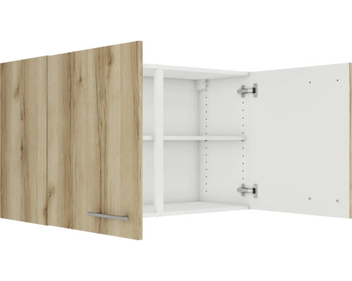 Hängeschrank mit zwei Türen, Holzstruktur und Innenregalen.