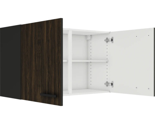 Offener Hängeschrank mit zwei Regalböden und einer Tür mit Holzdekor