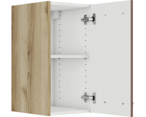 Geöffneter Hängeschrank mit Holztür und verstellbarem Einlegeboden