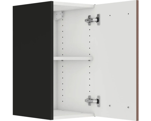 Armoire de salle de bains ouverte avec étagères et charnières