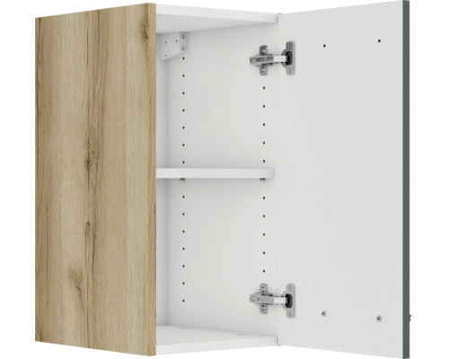 Armoire suspendue ouverte avec étagère et porte décor bois