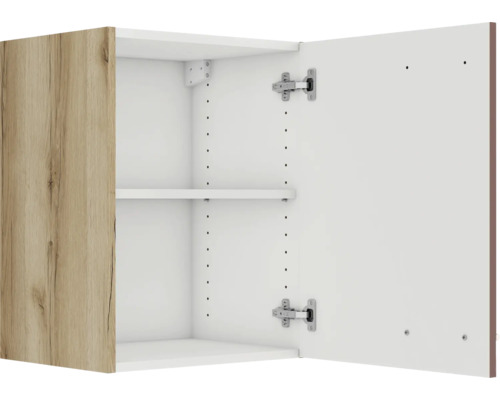 Offener Hängeschrank mit einer Tür in Holzoptik und Regalböden