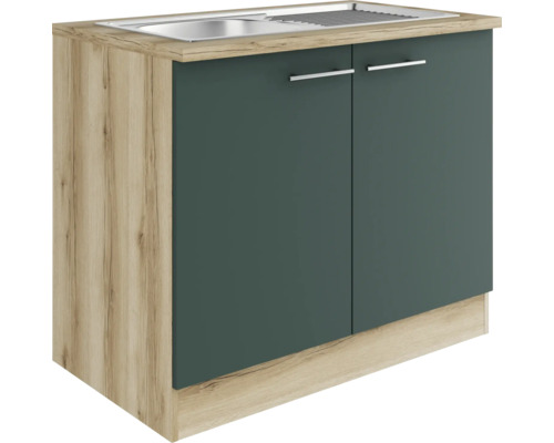 Meuble sous évier Optifit avec évier Savona405 lxpxh 100 x 60 x 84,8 cm couleur de façade vert mat couleur du corps chêne sauvage