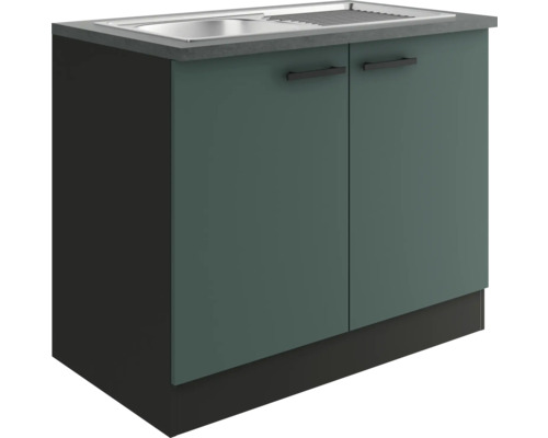 Meuble sous évier Optifit avec évier Verona405 lxpxh 100 x 60 x 84,8 cm couleur de façade vert mat couleur du corps gris