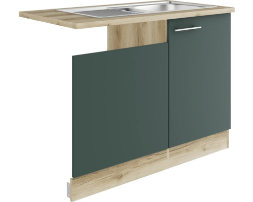Optifit Spülenschrank inkl Spüle Geschirrspülerblende für teilintegrierten Geschirrspüler Savona405 BxTxH 110 x 60 x 84,8 cm grün matt zerlegt Anschlag reversibel KUSA SAPLT11-9+ Küchenspüle mit Unterschrank und Arbeitsplatte