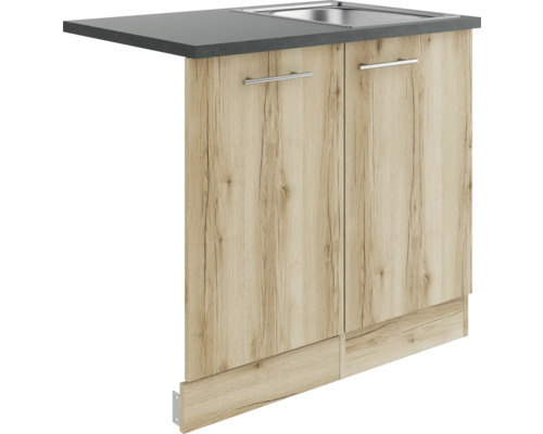 Optifit Spülenschrank inkl Spüle Geschirrspülerblende für vollintegrierte Geschirrspüler Livorno290 BxTxH 90 x 60 x 84,8 cm wildeiche matt strukturiert zerlegt Anschlag reversibel KULI SAPLTL9-9+ Küchenspüle mit Unterschrank und zwei Türen im Holzdekor