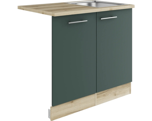Optifit Spülenschrank inkl Spüle Geschirrspülerblende für vollintegrierte Geschirrspüler Savona405 BxTxH 90 x 60 x 84,8 cm grün matt zerlegt Anschlag reversibel KUSA SAPLTL9-9+ Küchenspüle mit Unterschrank und zwei Türen