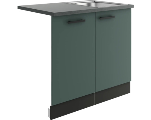Optifit Spülenschrank inkl Spüle Geschirrspülerblende für vollintegrierte Geschirrspüler Verona405 BxTxH 90 x 60 x 84,8 cm grün matt zerlegt Anschlag reversibel KUVE SAPLTL9-9+ Waschbeckenunterschrank mit zwei Türen und seitlicher Ablage