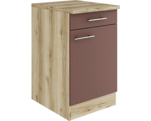Optifit Unterschrank mit Schublade und Drehtür Bari407 BxTxH 50 x 60 x 84,8 cm rostrot matt zerlegt Anschlag reversibel KUBA U506-9+ Unterschrank mit Schublade und Tür im Holzdekor