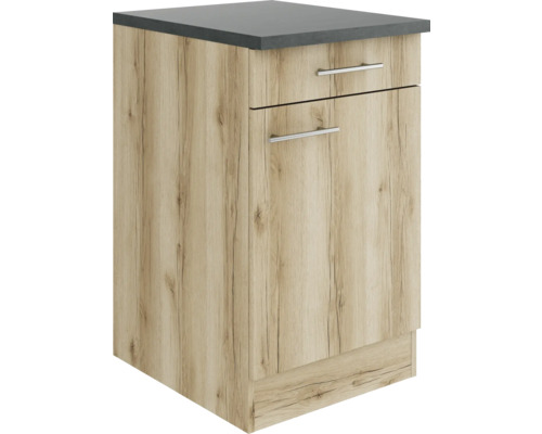 Optifit Unterschrank mit Schublade und Drehtür Livorno290 BxTxH 50 x 60 x 84,8 cm wildeiche matt strukturiert zerlegt Anschlag reversibel KULI U506-9+ Küchenunterschrank mit Schublade und Holzmuster