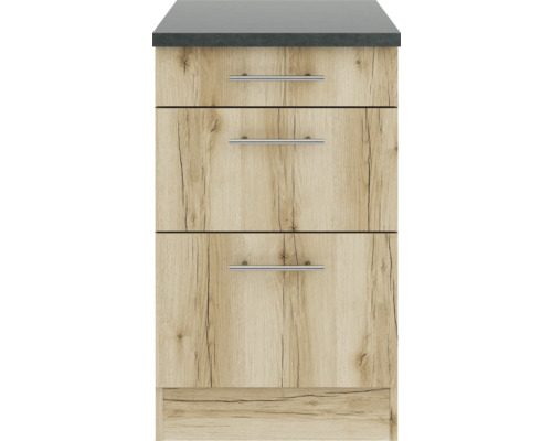 Schmaler Badezimmerschrank mit drei Schubladen und Platte