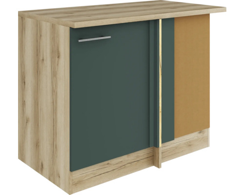 Meuble bas d'angle Optifit Savona405 lxpxh 110 x 60 x 84,8 cm couleur de façade vert mat couleur du corps chêne sauvage tirant réversible (peut être monté à gauche ou à droite)