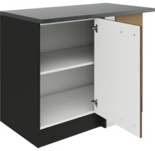 Meuble bas de cuisine avec porte ouverte et deux étagères