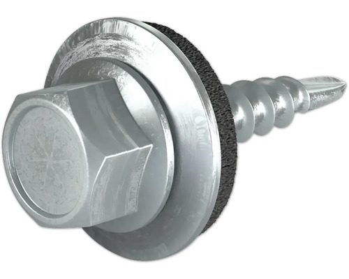 Vis PRECIT SKÜ 4,8 mm x 20 mm zingué paquet = 100 pces Gros plan d''une vis avec tête hexagonale et rondelle d''étanchéité