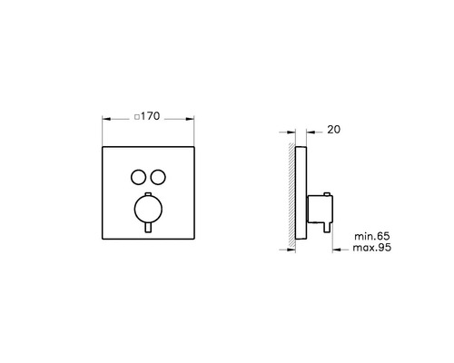 Technische Zeichnung eines Unterputz-Thermostats mit Maßangaben