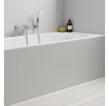 Salle de bains avec baignoire, pommeau de douche et robinetterie