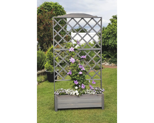 Jardinière en bois avec treillis et plantes à fleurs dans le jardin.