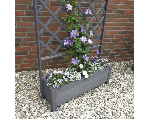 Jardinière en bois avec treillis et plantes fleuries