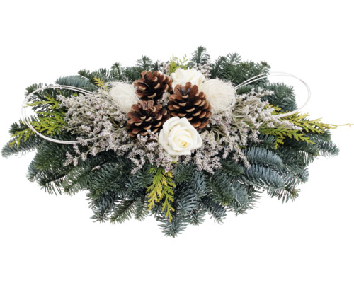 Bouquet double pour tombe en sapin Nobilis L 50 cm l env. 35 cm h env. 15 cm crème