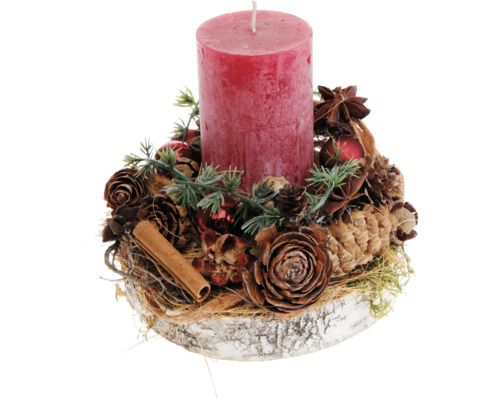 Adventsgesteck Tischgesteck Ø 19 cm H 17 cm Birkenholzscheibe inkl. 1 Rustik Kerze rot Dekorative Kerze mit Tannenzapfen und Zimtstange auf Holzsockel