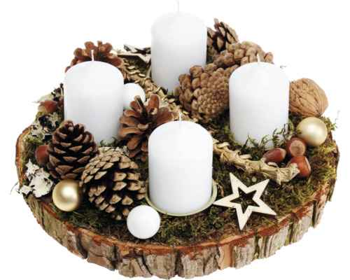 Adventsgesteck Tischgesteck Ø 27 cm H ca. 12 cm Birkenscheibe inkl. 4 Stumpenkerzen weiß Adventskranz mit Kerzen, Tannenzapfen, Moos und Stern