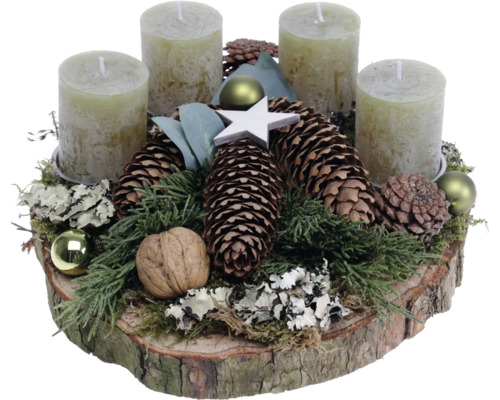 Adventsgesteck Tischgesteck Ø 27 cm H ca. 12 cm Birkenscheibe inkl. 4 Rustik Kerzen olive Adventskranz mit vier Kerzen, Tannenzapfen und Dekoration auf Holzscheibe