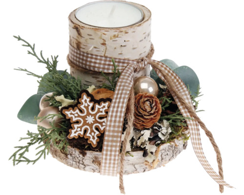 Composition de l'Avent composition de table Ø 15 cm h 12 cm bois de bouleau bougie de chauffe-plat naturel Décoration de Noël avec bougie, socle en bois et décorations
