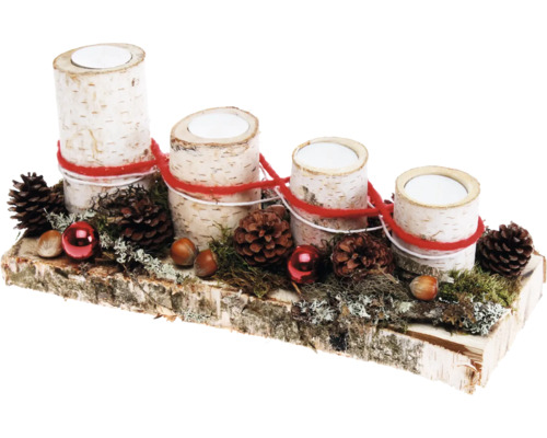 Adventsgesteck Tischgesteck L 33 cm H ca. 15 cm B ca. 12 cm Birkenholzbrett inkl. 4 Birkenholz-Teelichter Adventskranz mit Birkenholz und Dekorationen